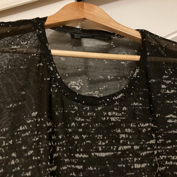 AllSaints Black and Gray Short Sleeve Top Small Striped Sheer Cotton Polyester - Picture 2 of 3
